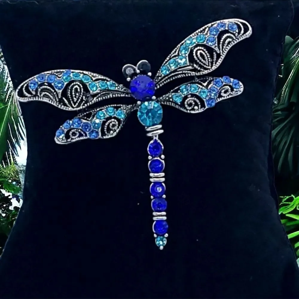 Blue Rhinestone Dragonfly Brooch Articulated Tail Silver Statement Pin Gift NIP